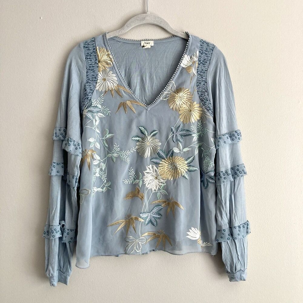 Anthropologie Tiny Frances Embroidered V-Neck Long Sleeve Ruffled Top Size XS - Picture 2 of 10